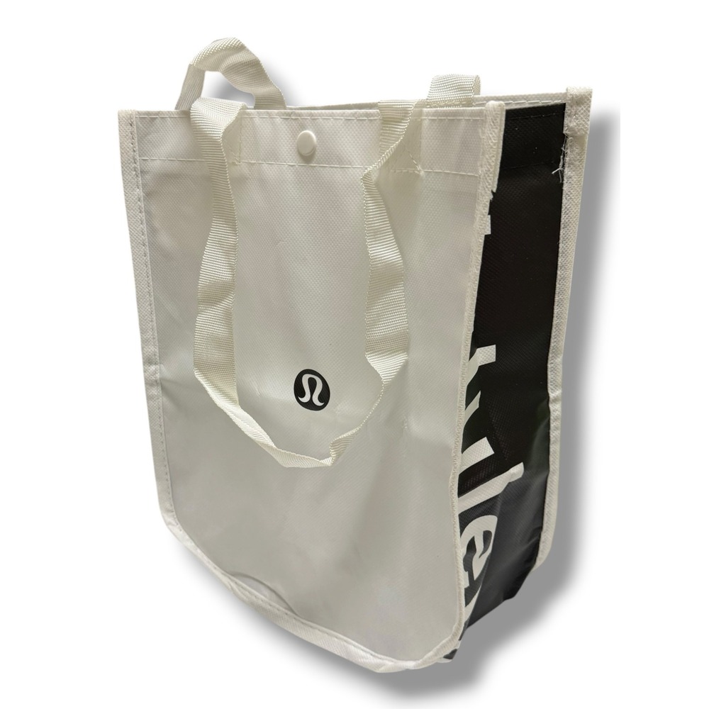 Lululemon Small Reusable Tote Bag White Black Snap Closure Shopping Gym Carryall